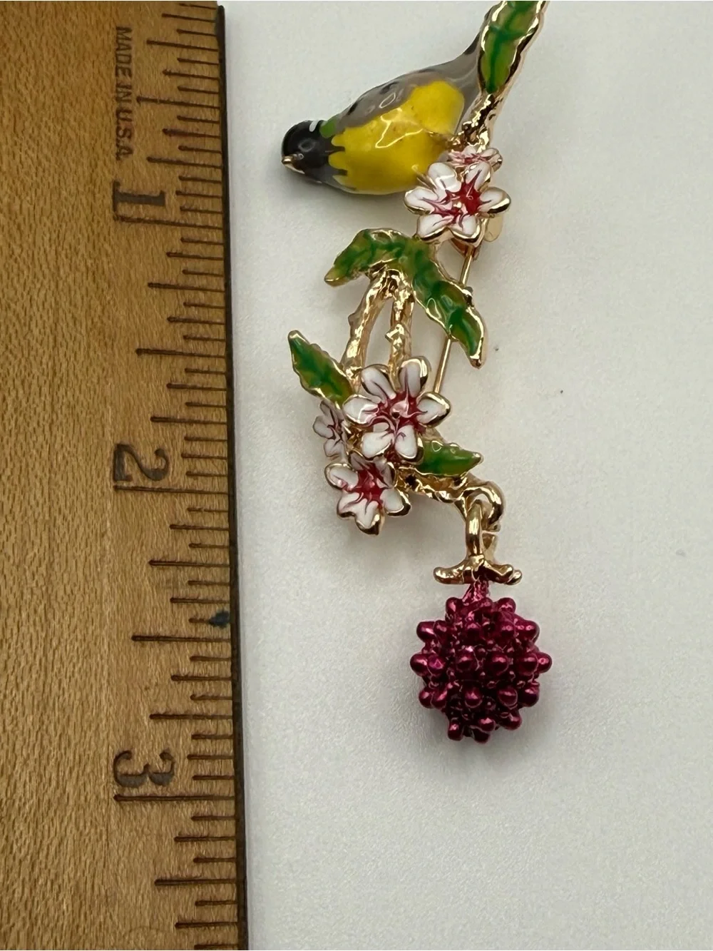 Enamel Yellow & Green Bird Floral Brooch - Unbranded